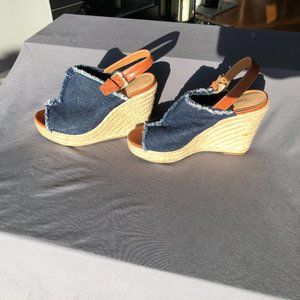 Indigo Rd. Denim Blue Canvas Peep Toe Slingback Espadrille Rope Wedge Sandals